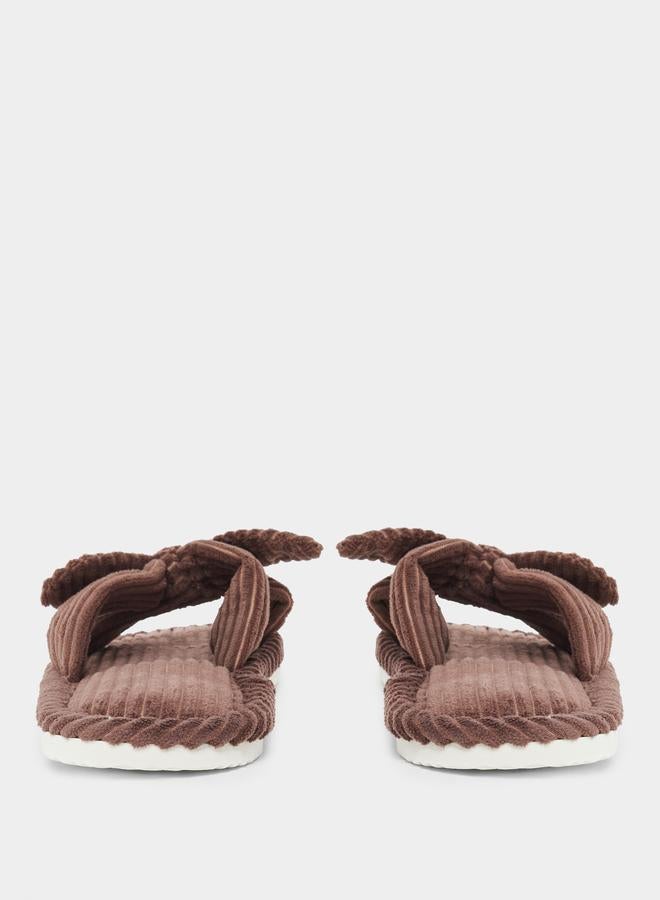 Styli Women Brown Corduroy Bow Slippers - Image 5